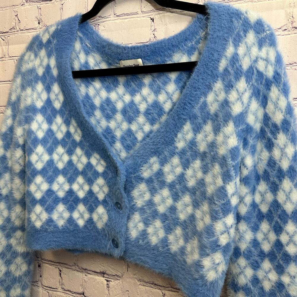 Sunday Best Fuzzy Preppy Argyle V Neck Cropped Cardigan Medium Blue Aritzia - Picture 2 of 6